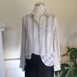 Ann Taylor LOFT Long Striped Blouse Tunic Top Black Cream Vertical Stripe XXSP